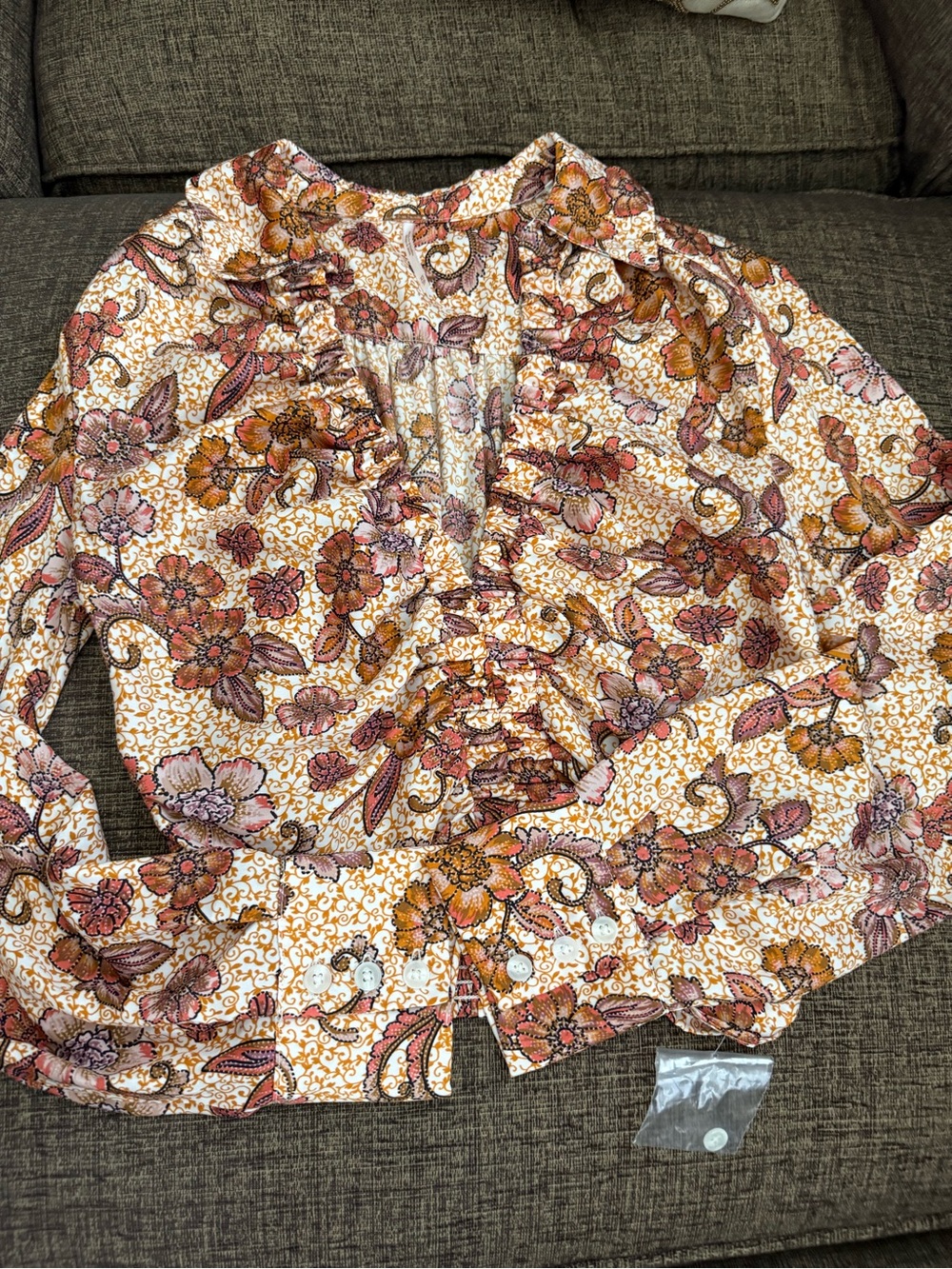 Free People Ruffled Floral Blouse in Cream, Rust and Pink